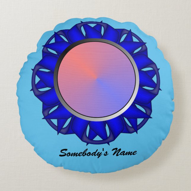 Blue Disc Ribbon by Kenneth Yoncich Round Pillow (Front)