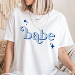 BLUE Disco Babe Bridal Party hen party Shirt<br><div class="desc">Step back in time with our Retro Disco Ball Bridal Shower Invitations & Decor collection. Immerse yourself in the nostalgia of the 70s with muted beige and grey arches, enhanced by groovy silver glitter fonts. The iconic retro disco ball takes centre stage, evoking an era of disco glamour, all while...</div>