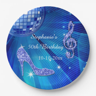 Blue Disco Ball and Heels 50th Birthday Paper Plate