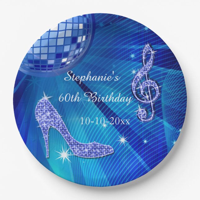 Blue Disco Ball and Heels 60th Birthday Paper Plate (Front)
