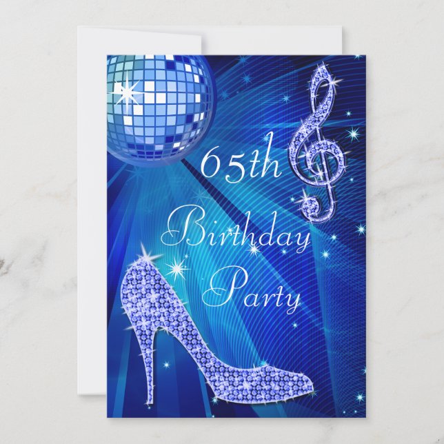 Blue Disco Ball and Heels 65th Birthday Invitation (Front)