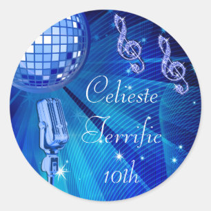 Blue Disco Ball and Retro Microphone 10th Birthday Classic Round Sticker