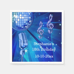 Blue Disco Ball and Retro Microphone 18th Birthday Napkin