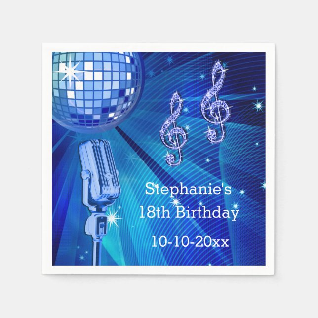 Blue Disco Ball and Retro Microphone 18th Birthday Napkin (Front)