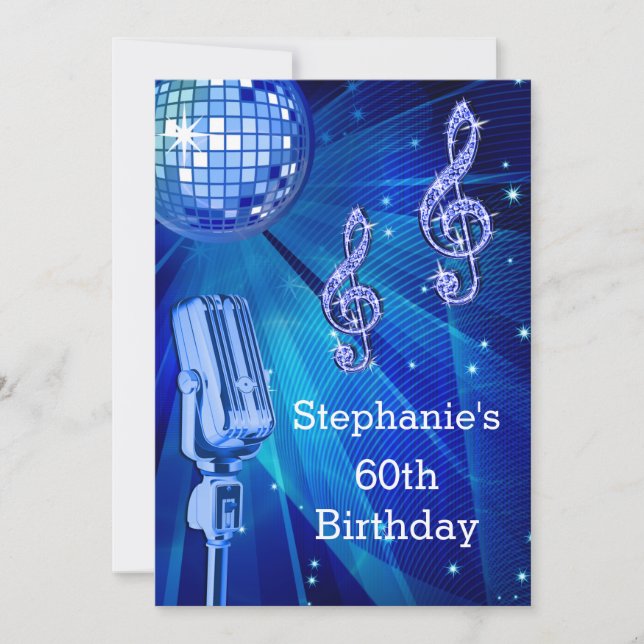 Blue Disco Ball and Retro Microphone 60th Birthday Invitation (Front)