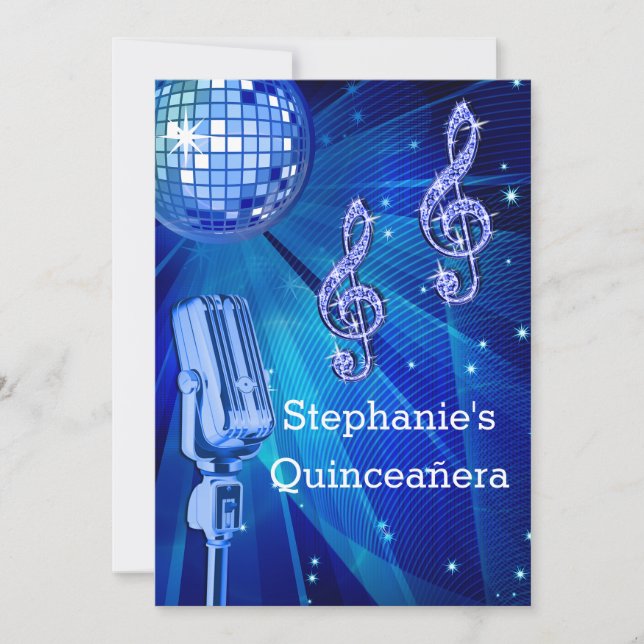 Blue Disco Ball and Retro Microphone Quinceañera Invitation (Front)