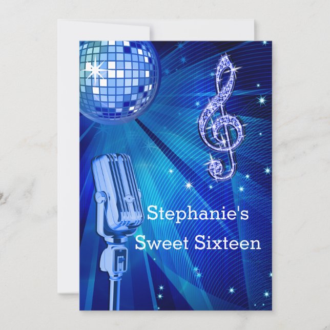 Blue Disco Ball and Retro Microphone Sweet 16 Invitation (Front)