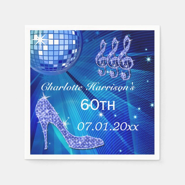 Blue Disco Ball and Sparkle Heels 60th Napkin (Front)