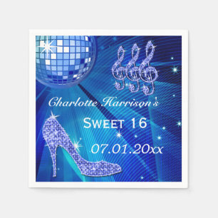 Blue Disco Ball and Sparkle Heels Sweet 16 Napkin