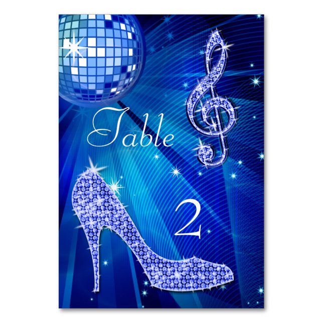 Blue Disco Ball and Stiletto Shoe Double Sided Table Number (Back)