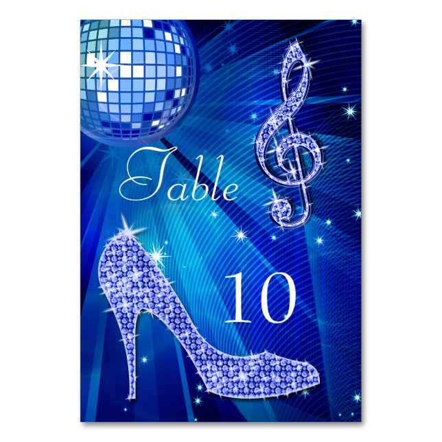 Blue Disco Ball and Stiletto Shoe Double Sided Table Number (Front)