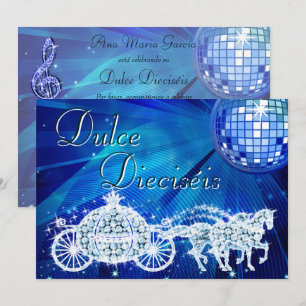 Blue Disco Ball, Princess Coach & Horses Sweet 16 Invitation