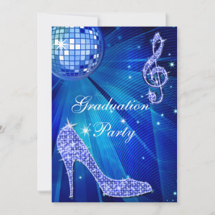 Blue Disco Ball Sparkle Heels Graduation Invitation
