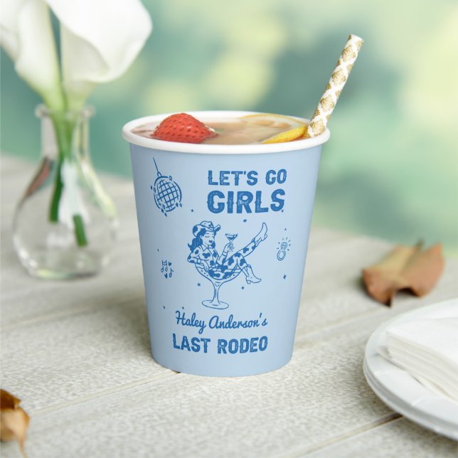 Blue Disco Cowgirl Rodeo Bachelorette Weekend Paper Cups (Insitu)