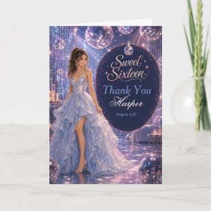 Blue Disco Sweet 16 Princess Party Thank You Card