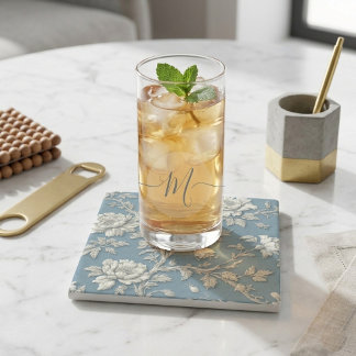 Blue Distressed Art French Cottage Decor Beverage  Stone Coaster