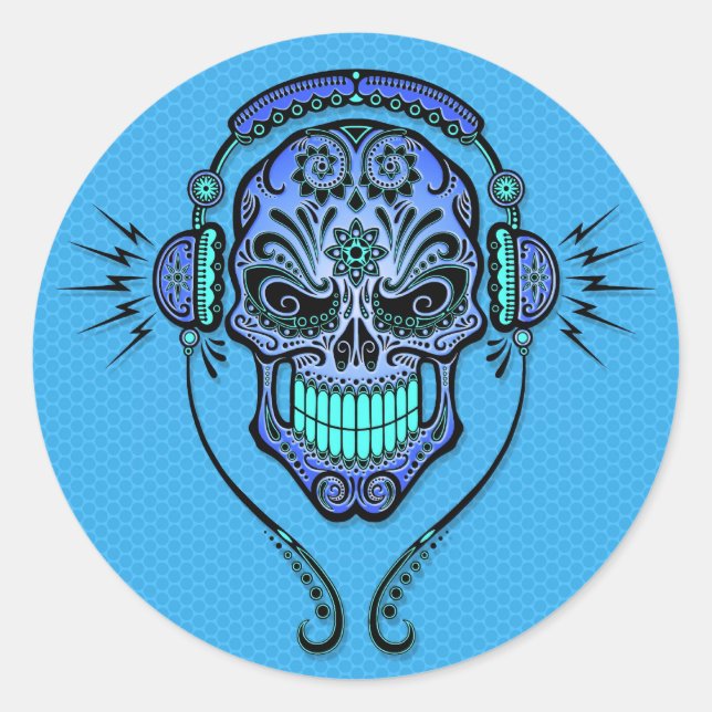 Blue DJ Sugar Skull Classic Round Sticker (Front)