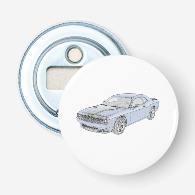 Blue Dodge Challenger Pencil Style Rendering Bottle Opener (Front)