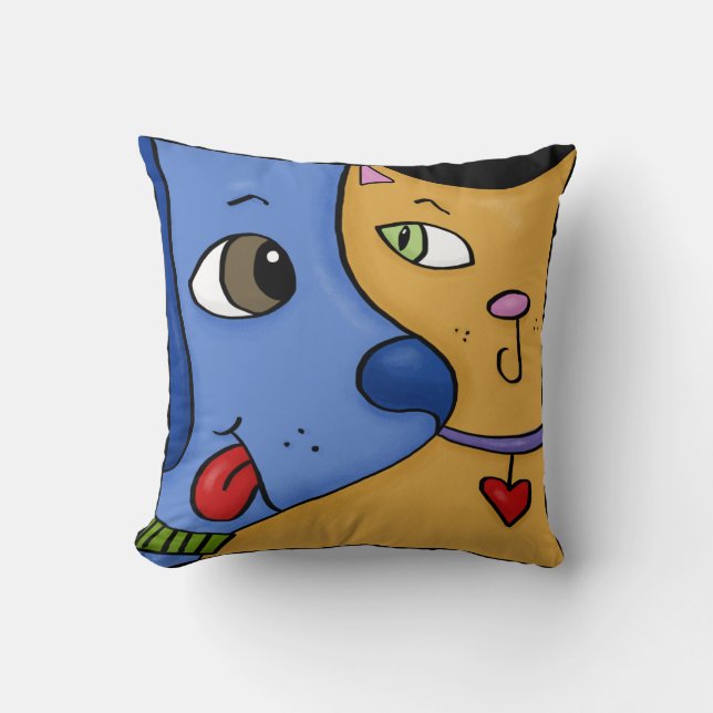 Blue Dog and Orange Cat-Togetherness Throw Pillow (Front)