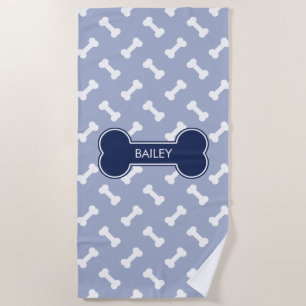 Blue Dog Bone And Bones Pattern With Custom Name Beach Towel