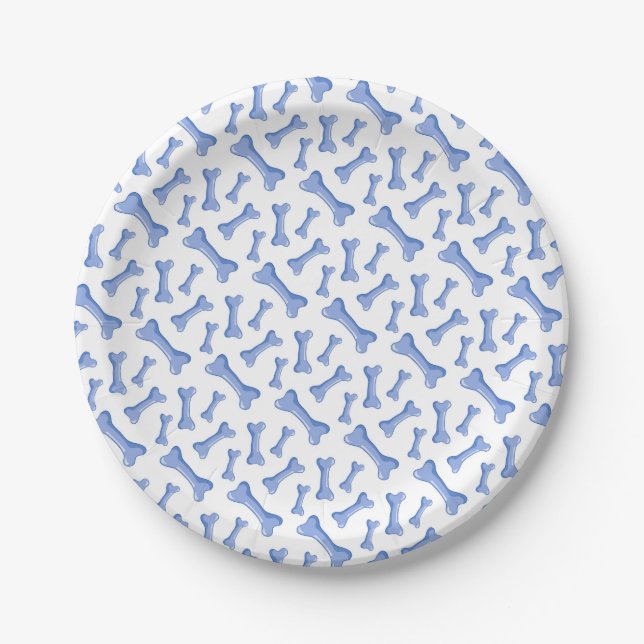 Blue Dog Bone Pattern Puppy Party Pet Theme Party Paper Plate (Front)