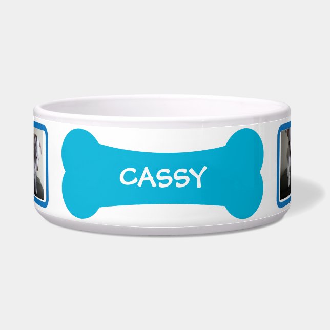 Blue Dog Bone Photo Personalized Pet Bowl (Front)