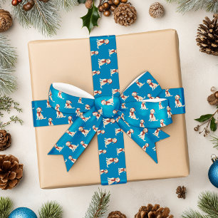Blue Dog Illustration Merry Christmas Holiday Satin Ribbon