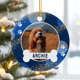 Blue Dog Photo Bone Name Christmas Ceramic Ornament