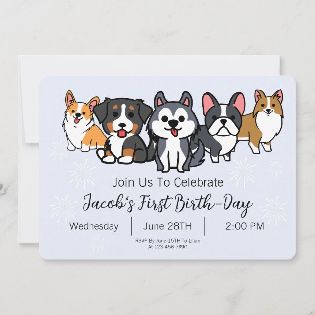 Blue - Dog Puppy Birthday Party Paw-ty Invitation (Front)