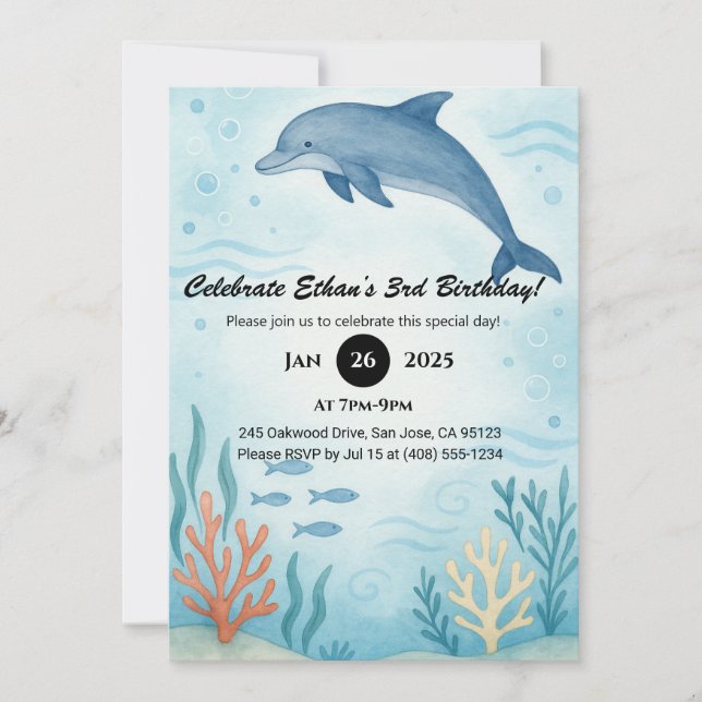 Blue Dolphin & Colourful Coral Reef Birthday  Invitation (Front)