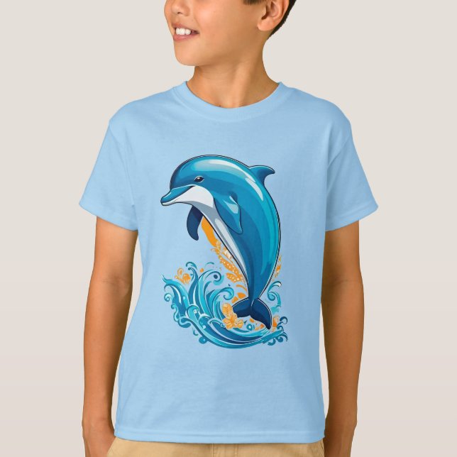 Blue Dolphin Jumping Over Ocean Waves T-Shirt (Front)
