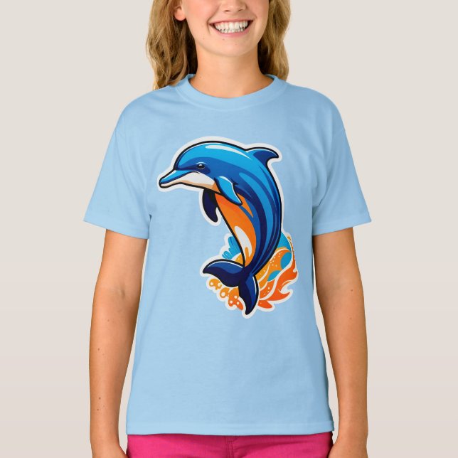 Blue Dolphin Jumping Over Ocean Waves T-Shirt (Front)