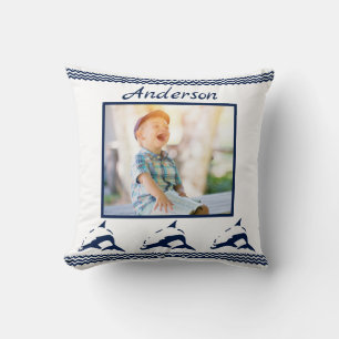 Blue Dolphin Nautical Navy Photo Frame Throw Pillow