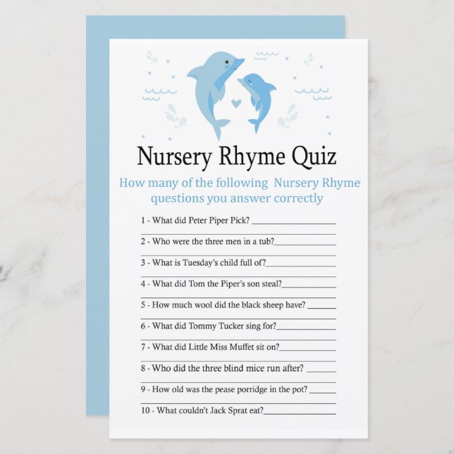 Blue Dolphin Nursery Rhyme Quiz baby shower game (Front/Back)