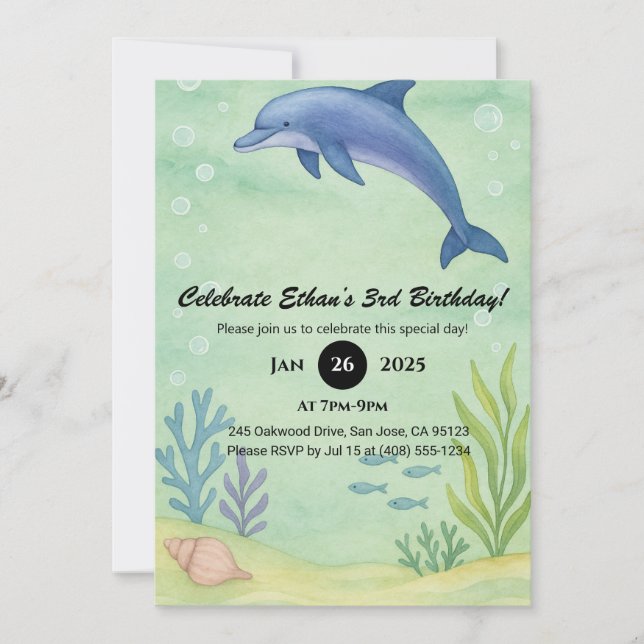 Blue Dolphin & Ocean Garden Illustration Birthday  Invitation (Front)
