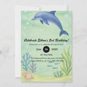 Blue Dolphin & Ocean Garden Illustration Birthday Invitation