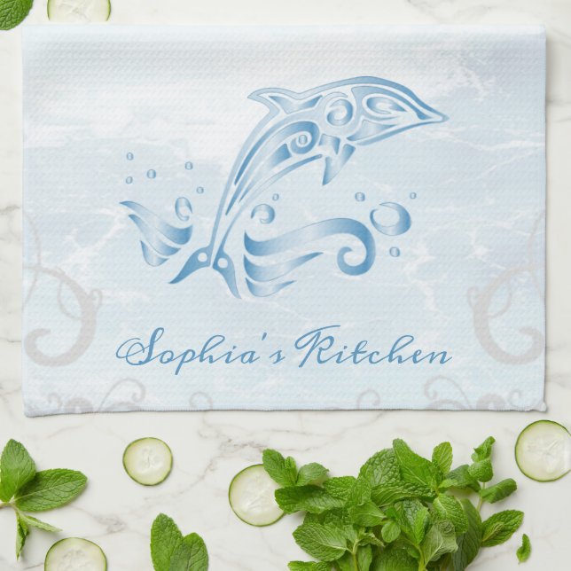 Blue Dolphin Personalized Kitchen Towel (Folded)