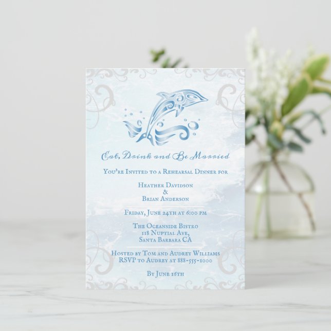 Blue Dolphin Wedding Rehearsal Dinner Invitation (Standing Front)