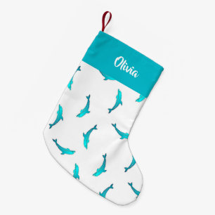 Blue dolphins on white small christmas stocking