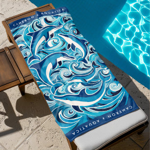 Blue Dolphins & Waves Customizable Beach Towel