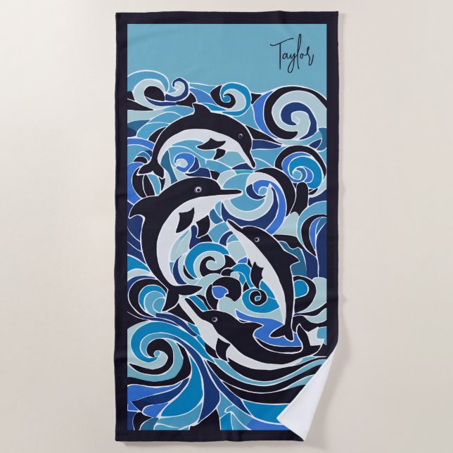Blue Dolphins & Waves Customizable Beach Towel (Front)