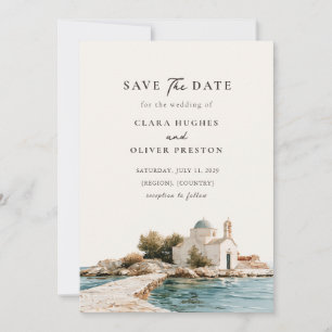 Blue Dome Chapel Greek Island Seaside Wedding Save The Date