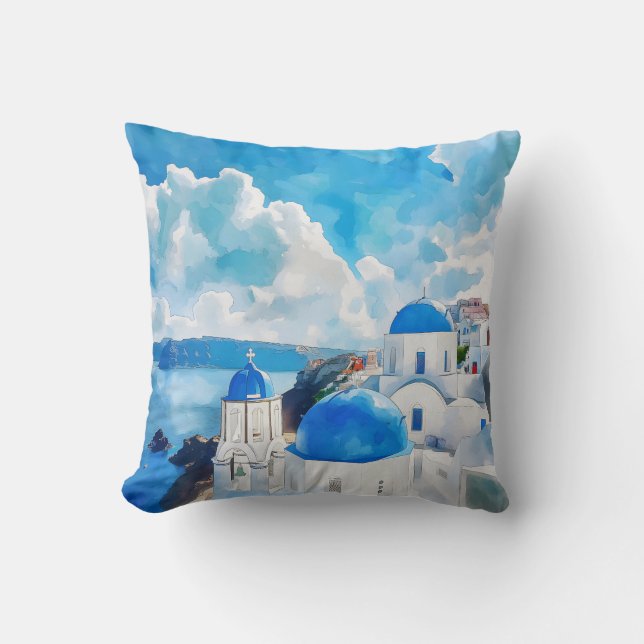 "Blue Domes of Santorini – Watercolor Art" Throw Pillow (Front)