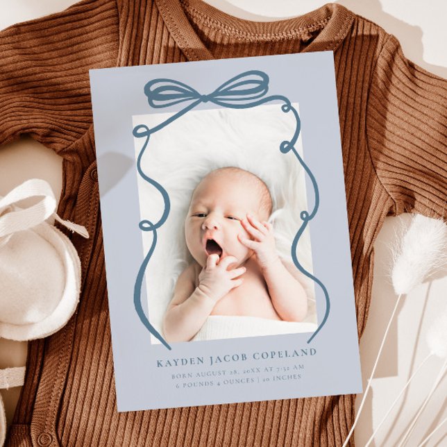 Blue Doodle Bow Frame Birth Announcement Photo (Creator Uploaded)