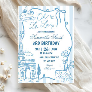 Blue Doodle Handwritten Parisian Cafe Birthday Invitation