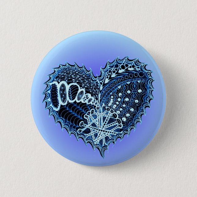Blue Doodle Heart 2 Inch Round Button (Front)