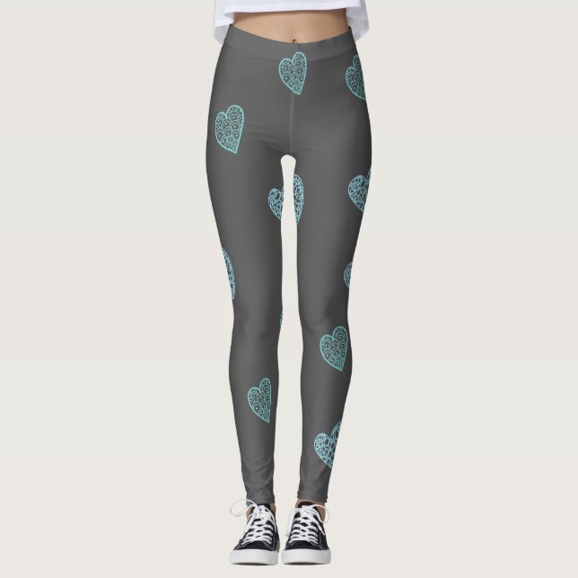 Blue Doodle Hearts Grey Leggings (Front)