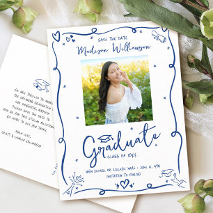 Blue Doodles Graduation Save the Date Photo White Invitation Postcard