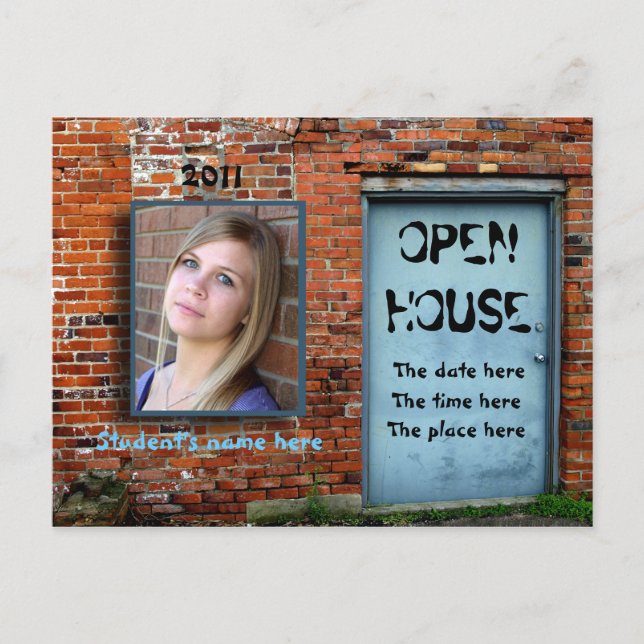 Blue door brick wall open house invitation postcard (Front)
