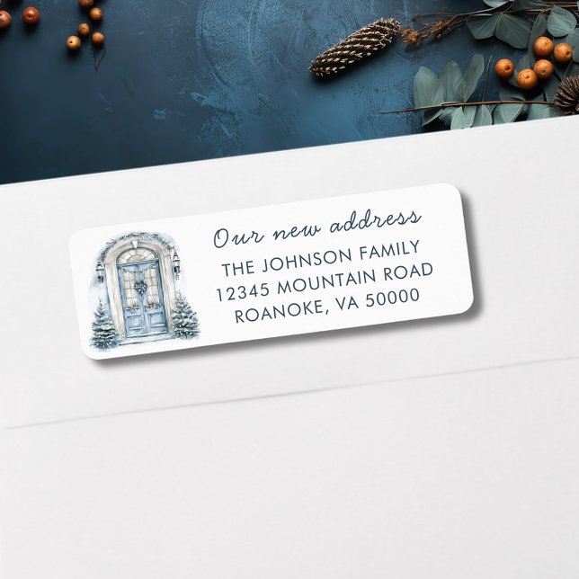 Blue Door Holiday Moving Return Adresse (Blue Front Door New Home Holiday Moving Announcement Return Addreses Label)
